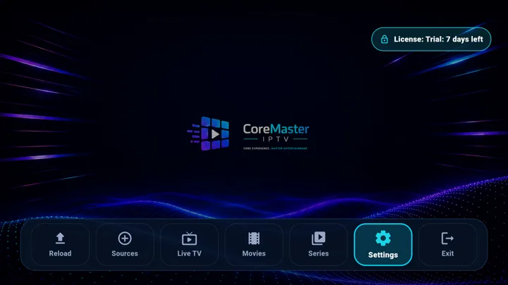 CoreMaster IPTV home screen on TV